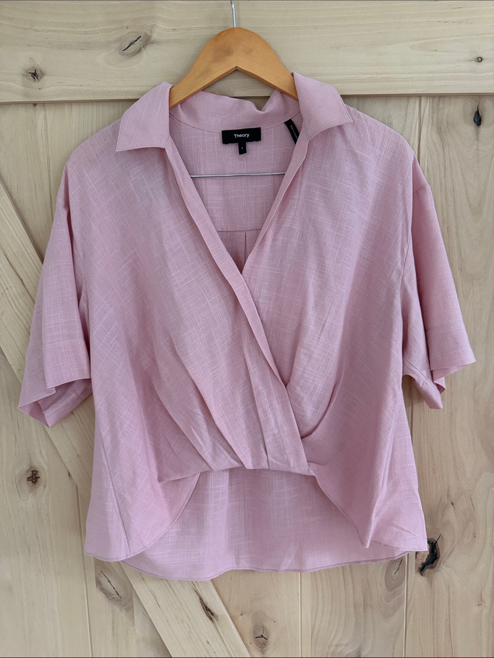 Theory Blush Pink Draped Collared Short-Sleeve Top